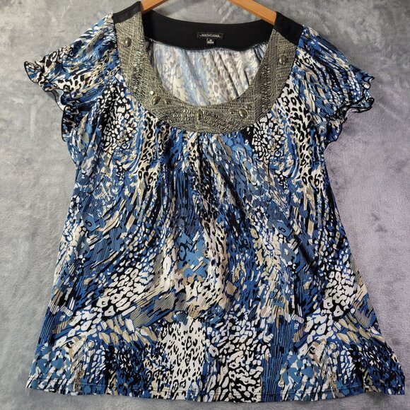 Notations Womens XL Embellished Animal Print Blue Black‎ Short Sleeve Top Vibes - Picture 1 of 11